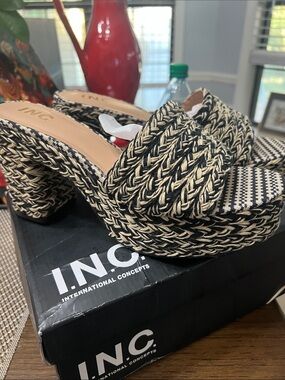 INC International Concepts Black and Cream Braided Platform Mules